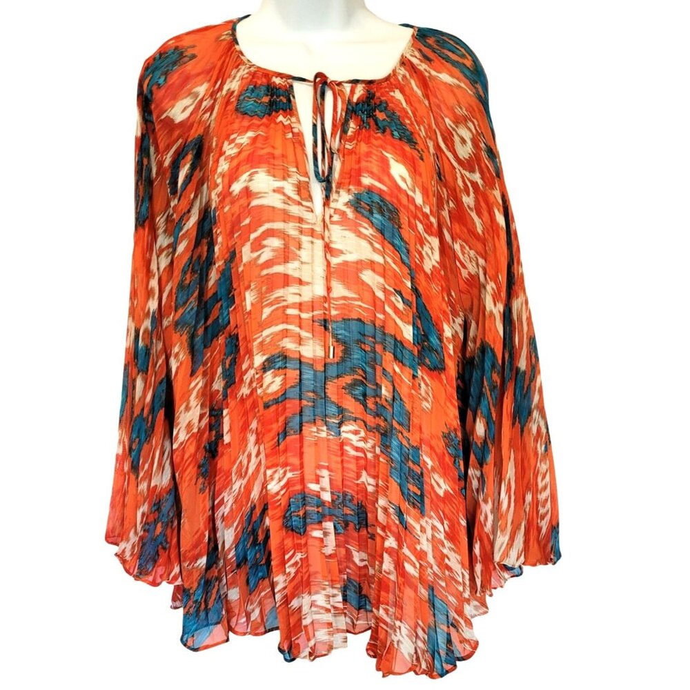 Michael Kors Womens Pleated Crinkle Chiffon Caftan Blouse L Orange & Blue Abstra
